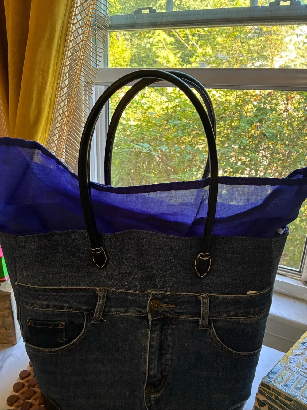 Dark Blue Denim Tote with Black Handles